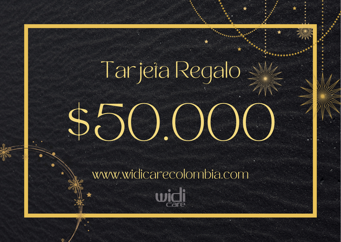 Una imagen de Tarjeta de Regalo WIDI CARE de $50,000 presenta el texto "Tarjeta de Regalo" y la URL "www.widicarecolombia.com", elegantemente presentados sobre un fondo oscuro con detalles dorados decorativos.