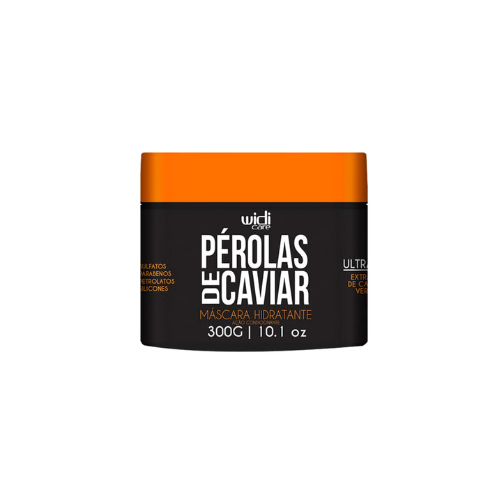 Tarro negro de 300 g de WIDI CARE «Perolas de Caviar» —Mascarilla hidratante—, con tapa naranja y una etiqueta en la que figuran los ingredientes de la mascarilla hidratante.