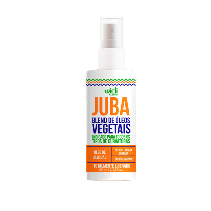 Un frasco de spray de 60 ml de WIDI CARE Oleo —aceite finalizador— con envase blanco y texto a colores que destaca los aceites vegetales para una hidratación profunda del cabello seco.