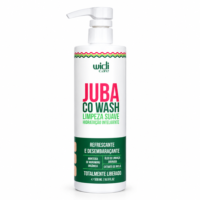 Frasco dosificador blanco de WIDI CARE Co-wash, limpiador para cabellos con ondas JUBA, de 500 ml, con etiquetas rojas y verdes en las que se detallan la manteca de murumuru y el aceite de linaza.