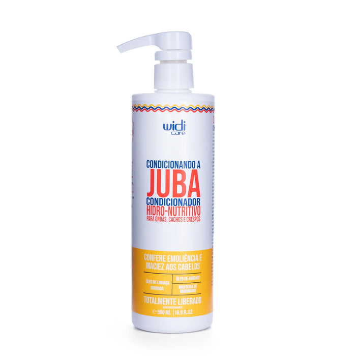Un frasco blanco con dosificador de 500 ml de WIDI CARE Acondicionador Hidronutritivo JUBA para cabello afro y ondulado, que facilita el desenredado y aporta suavidad.