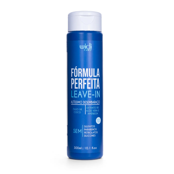 Un frasco azul de WIDI CARE Leave In de hidratación Fórmula Perfecta, de 300 ml, para controlar el encrespamiento, con un tapón abatible blanco y texto en blanco que detalla sus beneficios.