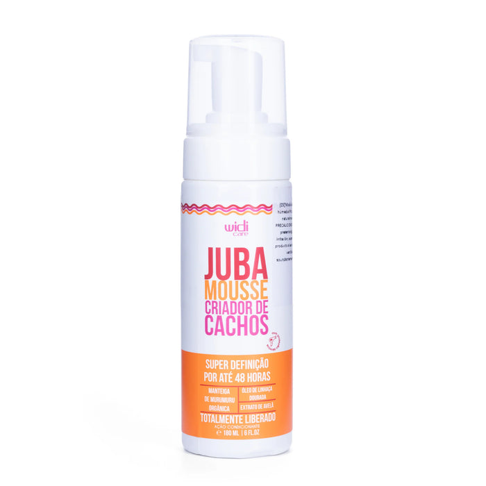 Un frasco de 180 ml de «Espuma o Mousse fijador de cabello JUBA» con dosificador y una etiqueta naranja en la que se detallan las ventajas del producto.