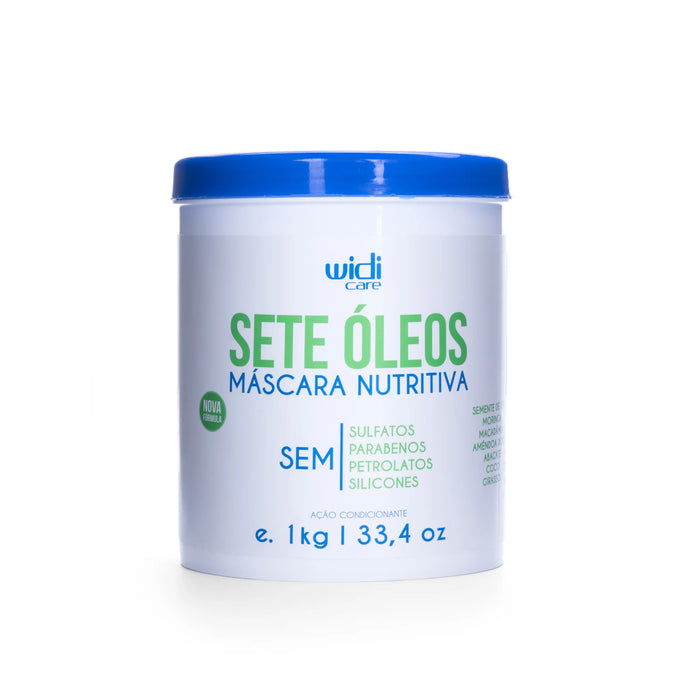 WIDI CARE Mascarilla nutritiva con 7 aceites, envase de 1K con tapa azul y etiqueta blanca en la que se detallan su fórmula con siete aceites para el cabello seco y la lista de ingredientes que no contiene.
