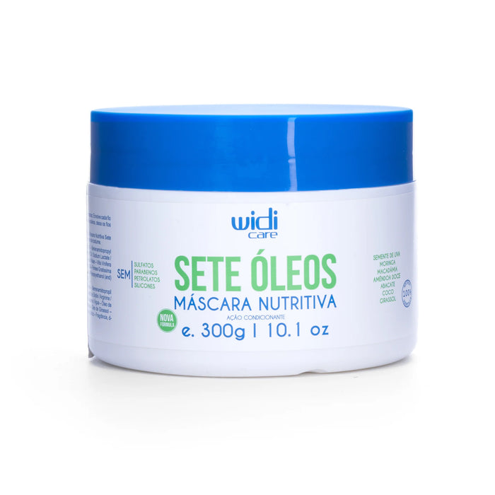 WIDI CARE Mascarilla nutritiva con 7 aceites, 300 g: tarro blanco para el cabello con tapa azul y la etiqueta «SETE ÓLEOS MÁSCARA NUTRITIVA».