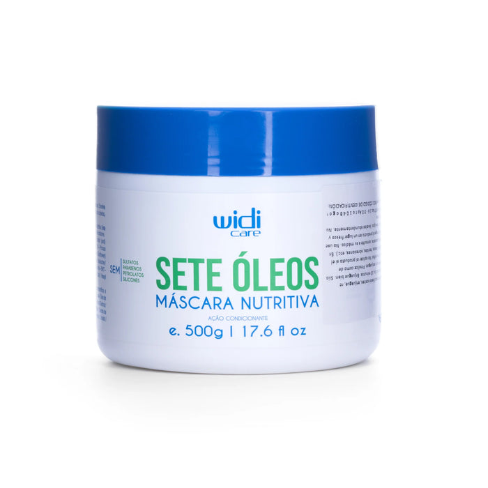 WIDI CARE Mascarilla nutritiva con 7 aceites, 500 g: tarro de tratamiento capilar con tapa azul y etiqueta en portugués, ideal como mascarilla para el cabello seco.