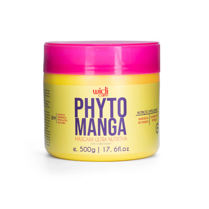 Envase amarillo de «Widi Care Mascarilla de nutrición y reconstrucción Phytomanga» de 500 g, con una tapa de color rosa brillante y letras moradas en negrita.