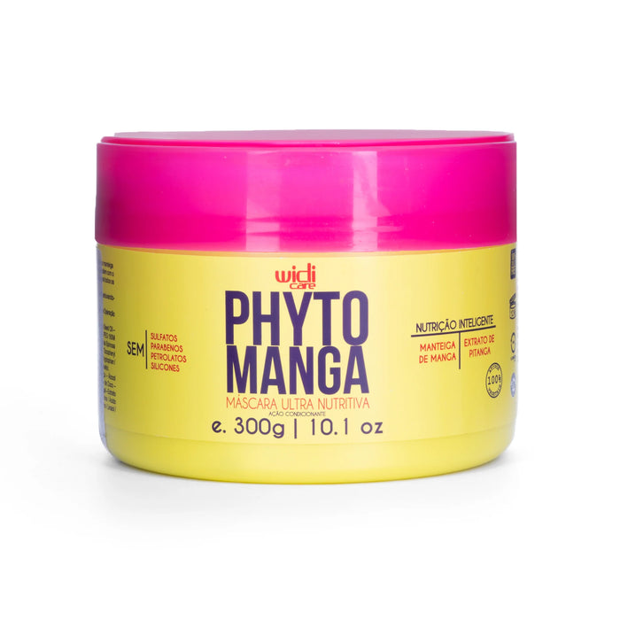 Tarro amarillo de WIDI CARE «Mascarilla de nutrición y reconstrucción Phytomanga» de 300 g, con una tapa de color rosa brillante y texto en color oscuro.