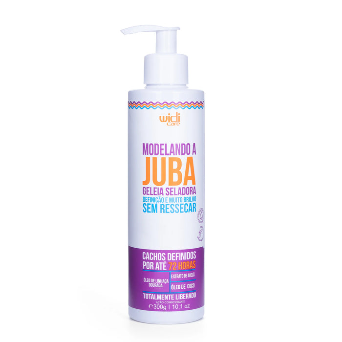 Botella de plástico blanca de WIDI CARE Gel para definir el cabello JUBA, de 300 g, con dosificador de bomba y etiqueta morada, para la hidratación y definición del cabello rizado.