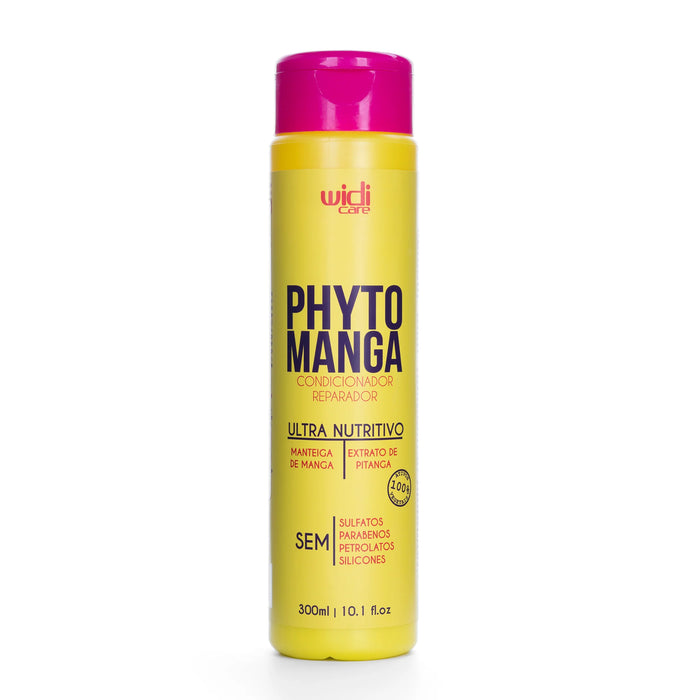 Botella de 300 ml de acondicionador nutritivo y reconstructor Yellow WIDI CARE Phytomanga, con tapón rosa y texto en negro, diseñado para sellar las cutículas.