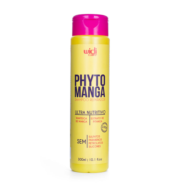 Champú nutritivo y reconstructor WIDI CARE Phytomanga, de 300 ml, en un frasco amarillo con tapón abatible rosa, que contiene manteca de mango y extracto de pitanga.