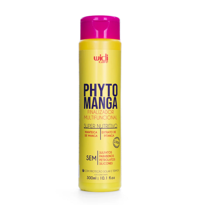 Frasco cilíndrico amarillo de WIDI CARE Finalizador termoprotector Phytomanga de 300 ml, con tapón abatible rosa y texto en color oscuro.