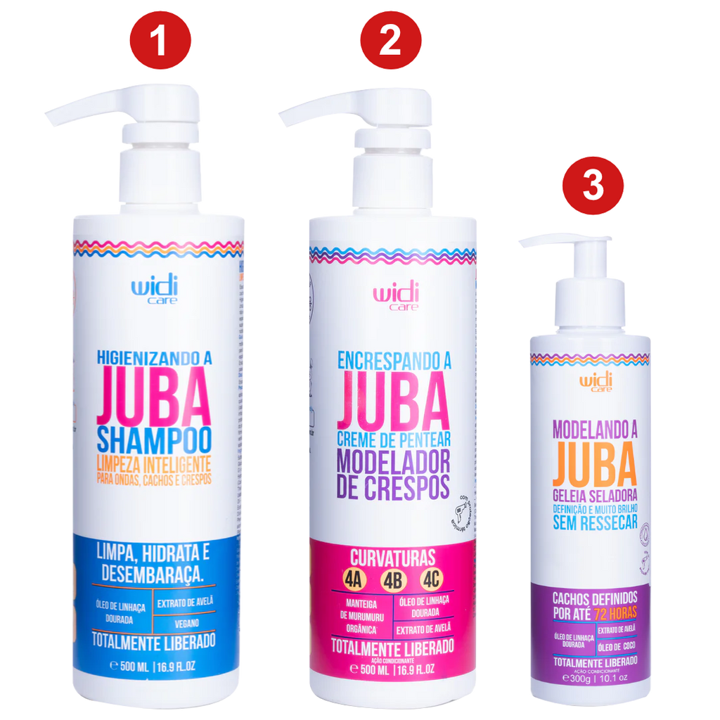 Se presentan en posición vertical tres botellas de productos WIDI CARE Definición Afros impactantes, etiquetadas con los números 1, 2 y 3, cada una con detalles de colores distintivos y prácticos dispensadores con bomba.