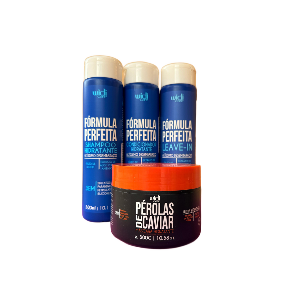Tres botellas azules etiquetadas como “Hidratación Extrema” de WIDI CARE, que incluyen Shampoo y Acondicionador, vienen acompañadas de un tubo naranja etiquetado como “Perlas de Caviar”.