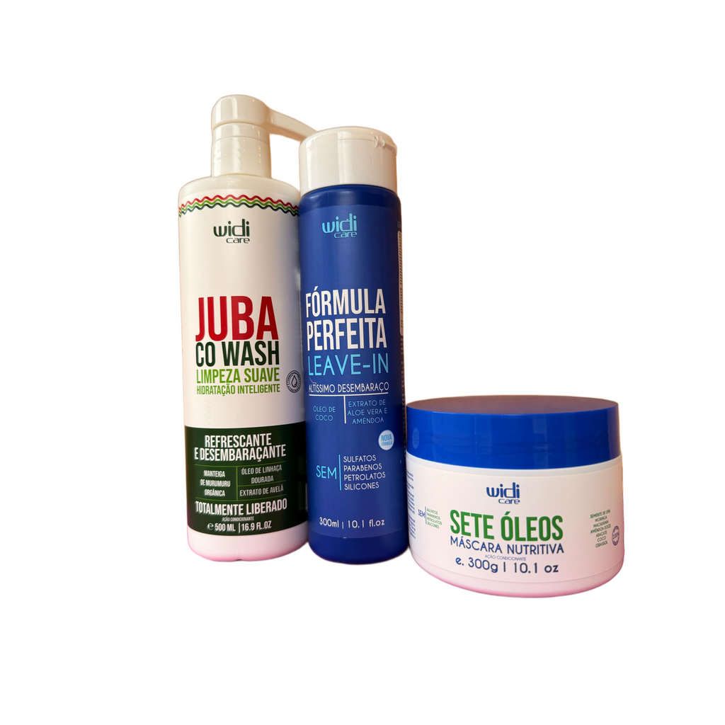 Experimente el poder transformador de la línea Deportistas de WIDI CARE con tres elementos esenciales: un Co-Wash Juba alto rojo y blanco, un Leave IN Formula Perfeita alto azul y blanco y un frasco blanco redondo con detalles en morado y azul para Mascarilla 7 Óleos.