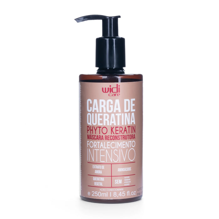 Un frasco dosificador marrón de «WIDI CARE Mascarilla de reconstrucción», con texto en el que se detallan la queratina, los aminoácidos y los ingredientes vegetales para una reparación capilar intensiva.