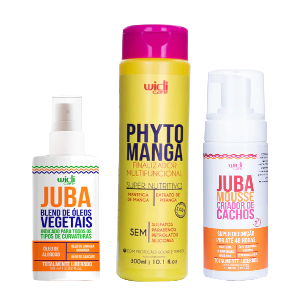 El Combo vacaciones definidas WIDI CARE incluye una mezcla de spray de aceites vegetales, fijador capilar Phyto Manga y creador de rizos mousse Juba.