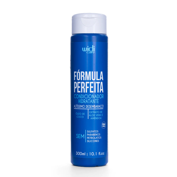 Un frasco azul de WIDI CARE Acondicionador de hidratación Fórmula Perfeita de 300 ml para cabello seco, con un tapón abatible blanco.