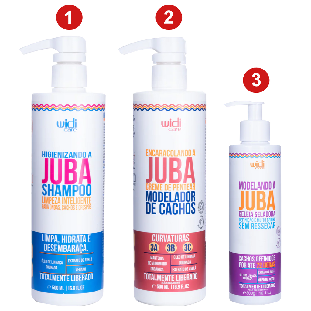 Tres productos para el cabello WIDI CARE Definición Rizos Perfectos en botellas con bomba (champú, crema de peinar y gel) tienen secciones de colores únicos y están etiquetados como 1, 2 y 3.